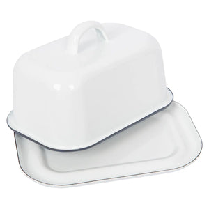 White Enamel Butter Dish - Navy Rim