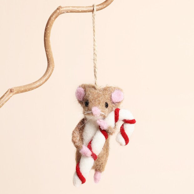 Felt Candy Cane Mouse Hanging Decoration