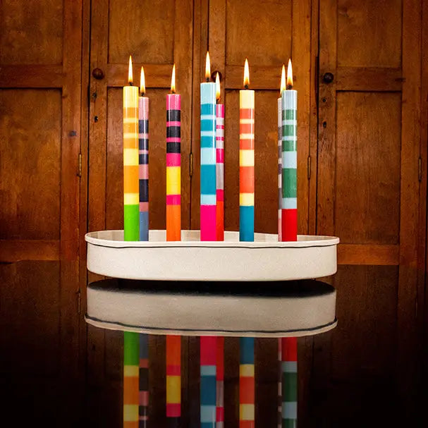 Mixed Set Reds, Oranges & Blues Striped Eco Dinner Candles, 4 Per Pack