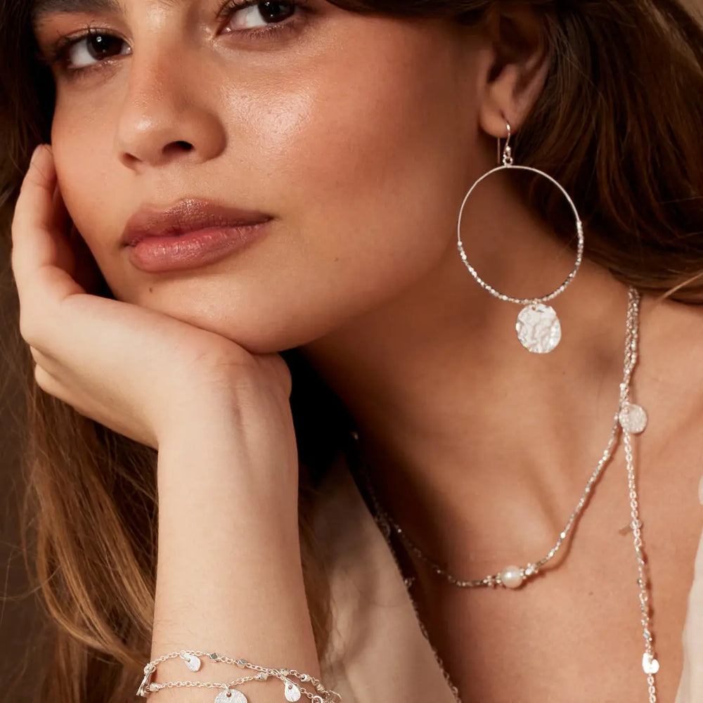 Dominique Silver Beaded Hoop Earrings - Large