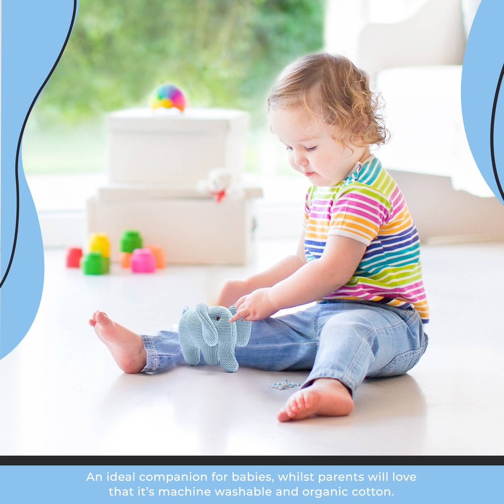 Knitted Organic Cotton Blue Elephant Baby Rattle