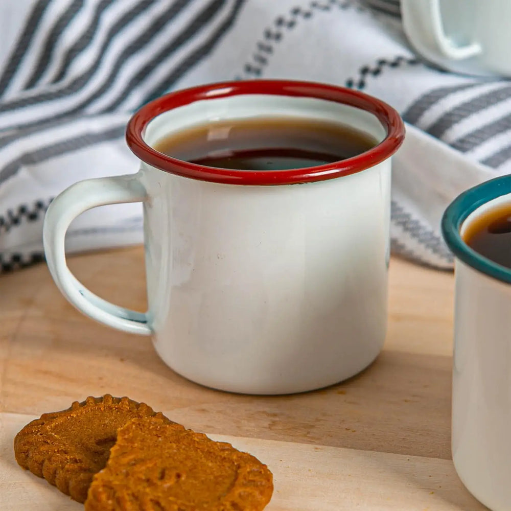 Coloured Enamel Espresso Mug - White / Red Rim