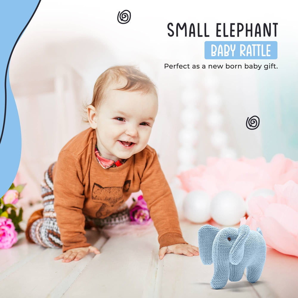 Knitted Organic Cotton Blue Elephant Baby Rattle