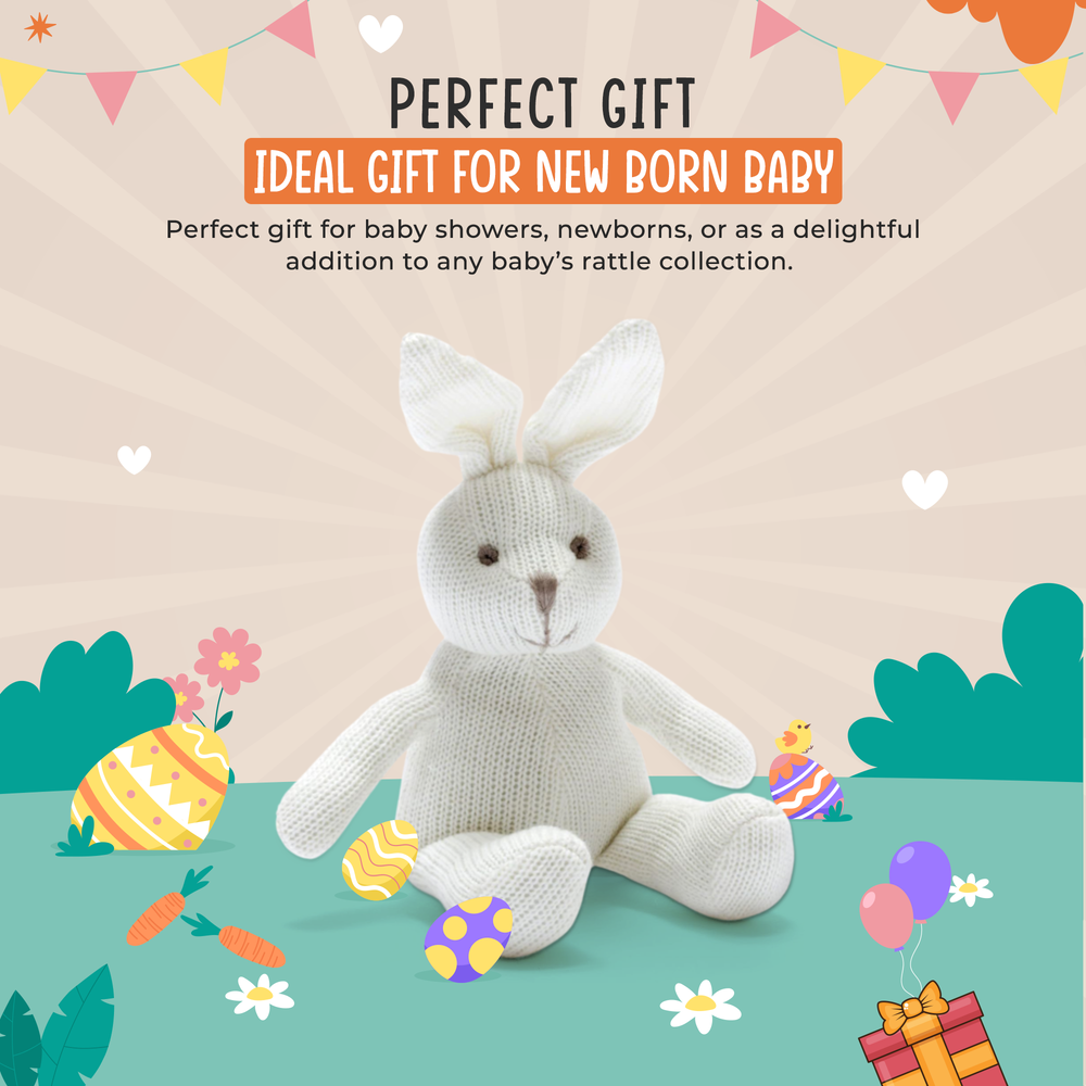Knitted Organic Cotton White Bunny Baby Rattle