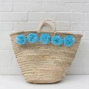French Market Basket, Straw Bag with Pom Poms