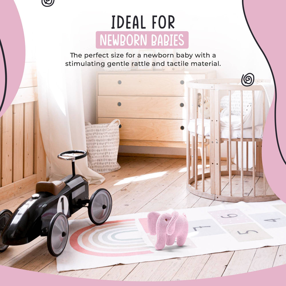 Knitted Pink Elephant Baby Rattle Organic Cotton