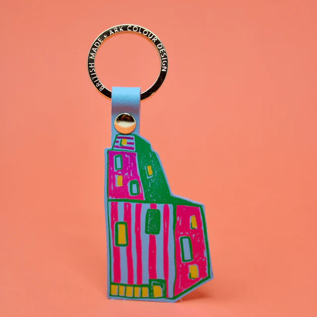 Fun House Embossed Leather Key Ring - Turquoise