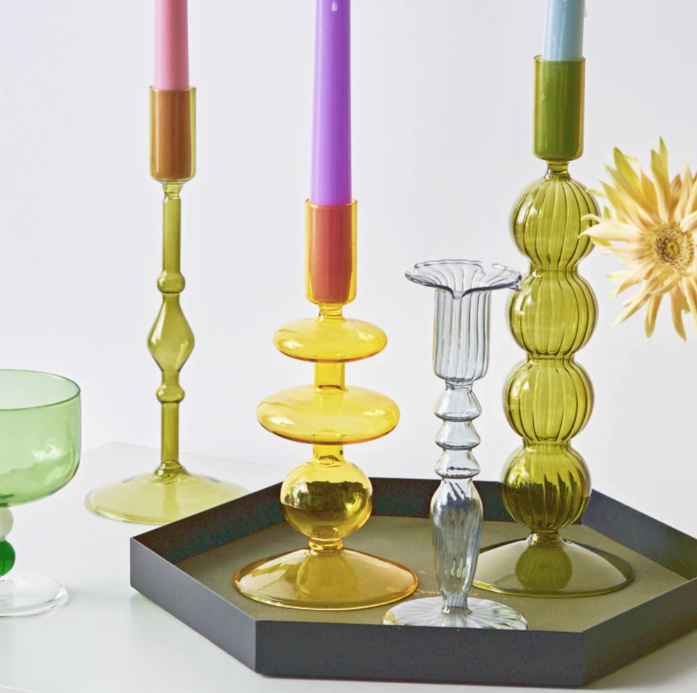 Glass Candlestick - Olive Green