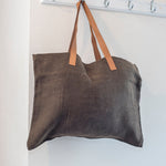Jute Tote Bag With Leather Handles - Portrait Style - Brown