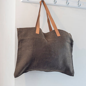 Jute Tote Bag With Leather Handles - Portrait Style - Brown