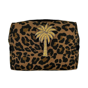 Leopard Print Make Up Bag With a Removable Gold Palm Tree Pin