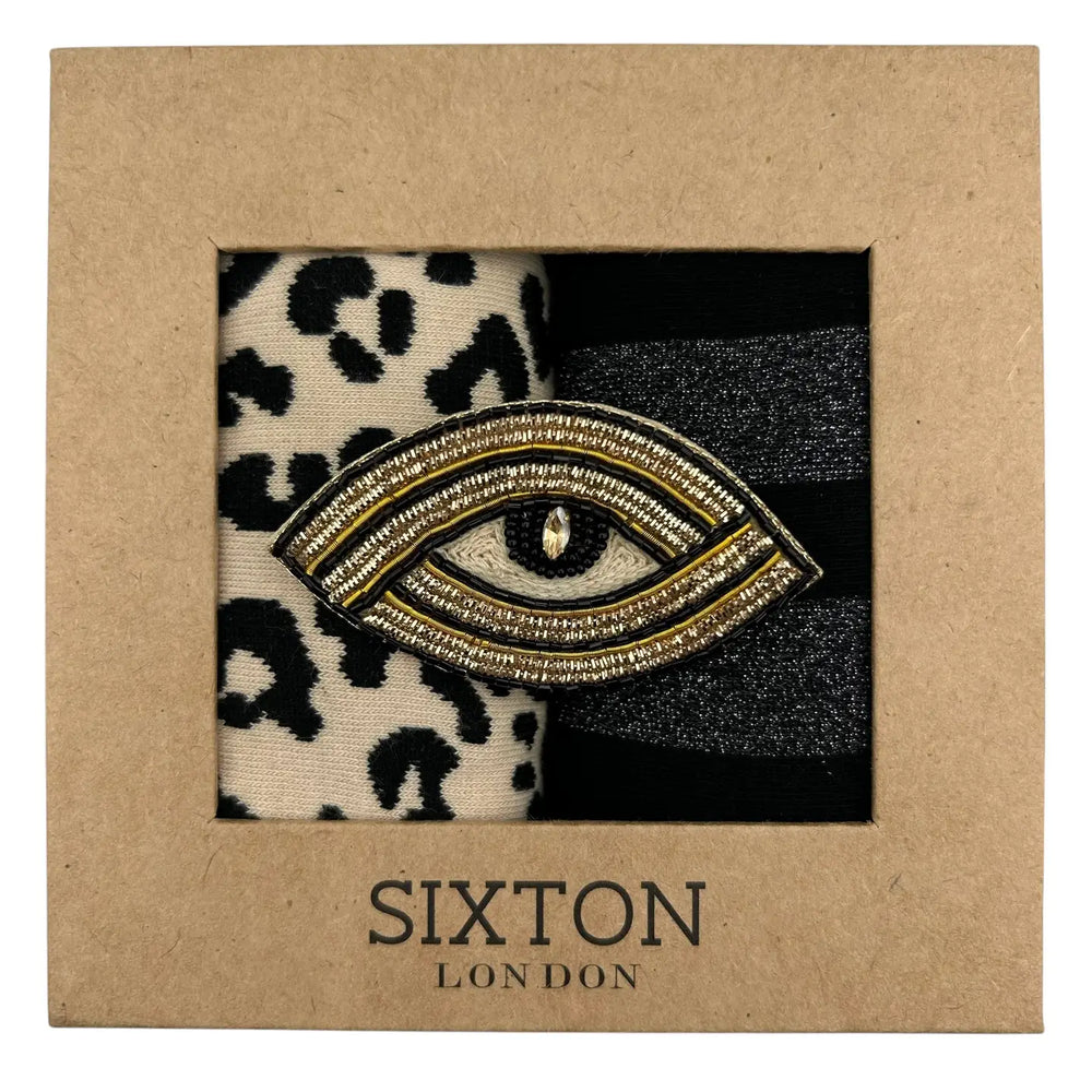 Cream Leopard & Berlin Sock Box Duo With Linear Eye Brooch