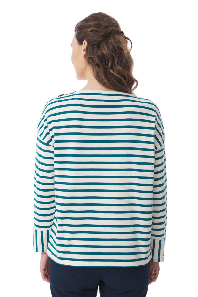 Madalen BiColour Long Sleeve Striped T Shirt -  Ecru/Emerald