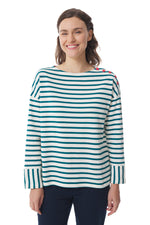 Madalen BiColour Long Sleeve Striped T Shirt -  Ecru/Emerald