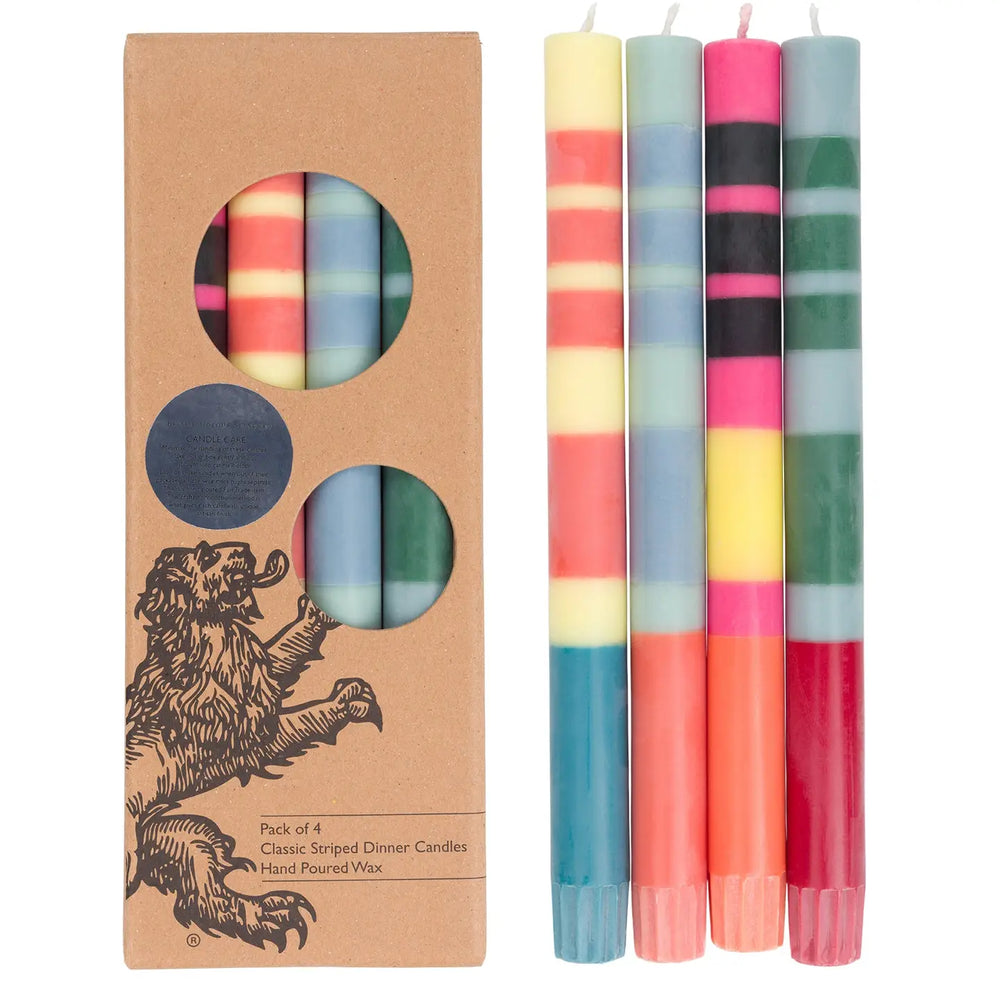 Mixed Set Reds, Oranges & Blues Striped Eco Dinner Candles, 4 Per Pack