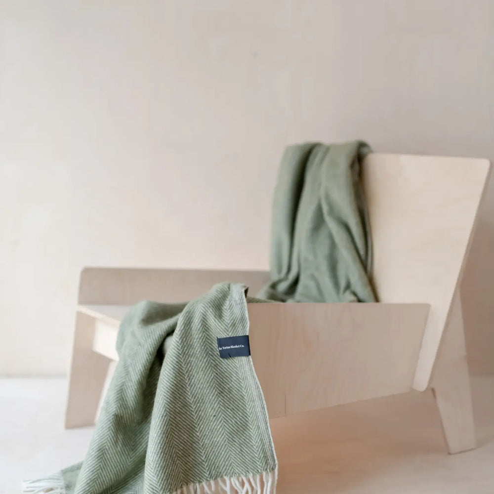 Recycled Wool Knee Blanket in Olive Herringbone