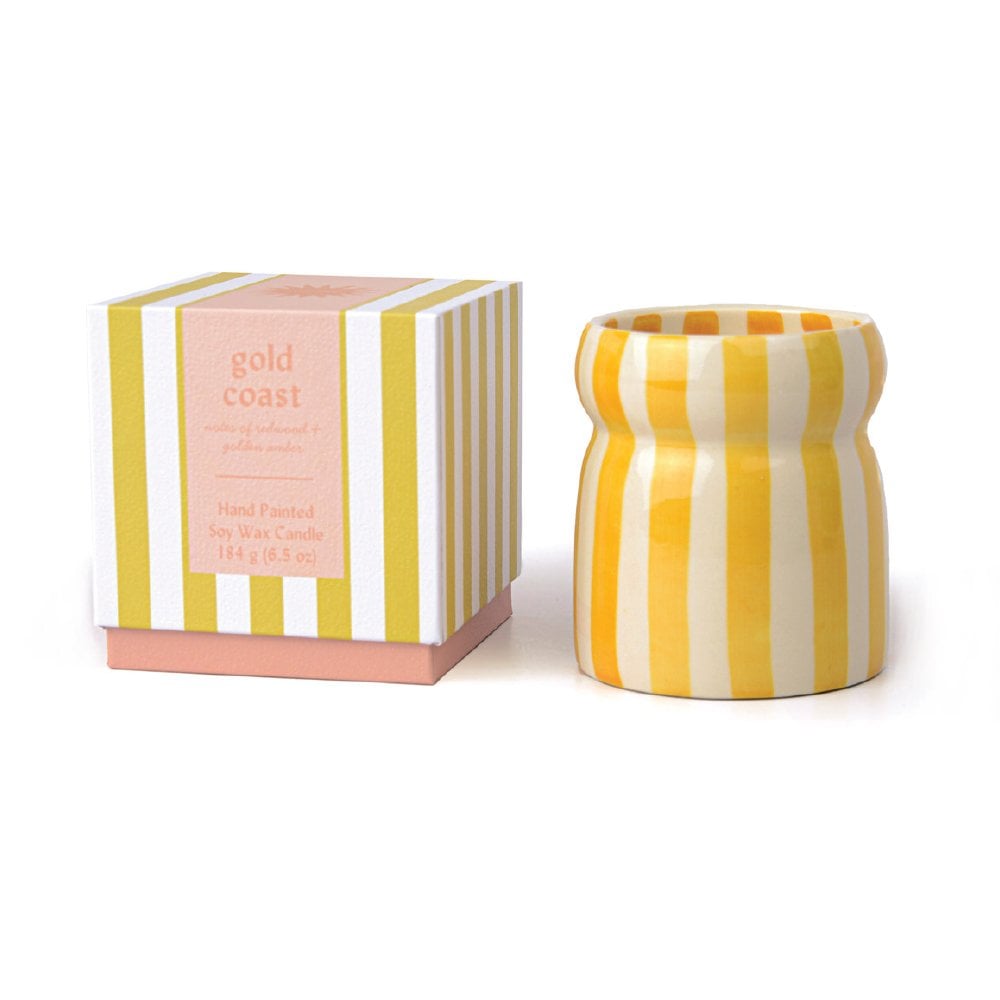 Paddywax Cabana 6.5oz/184g Ochre Striped Ceramic Candle - Gold Coast Boxed