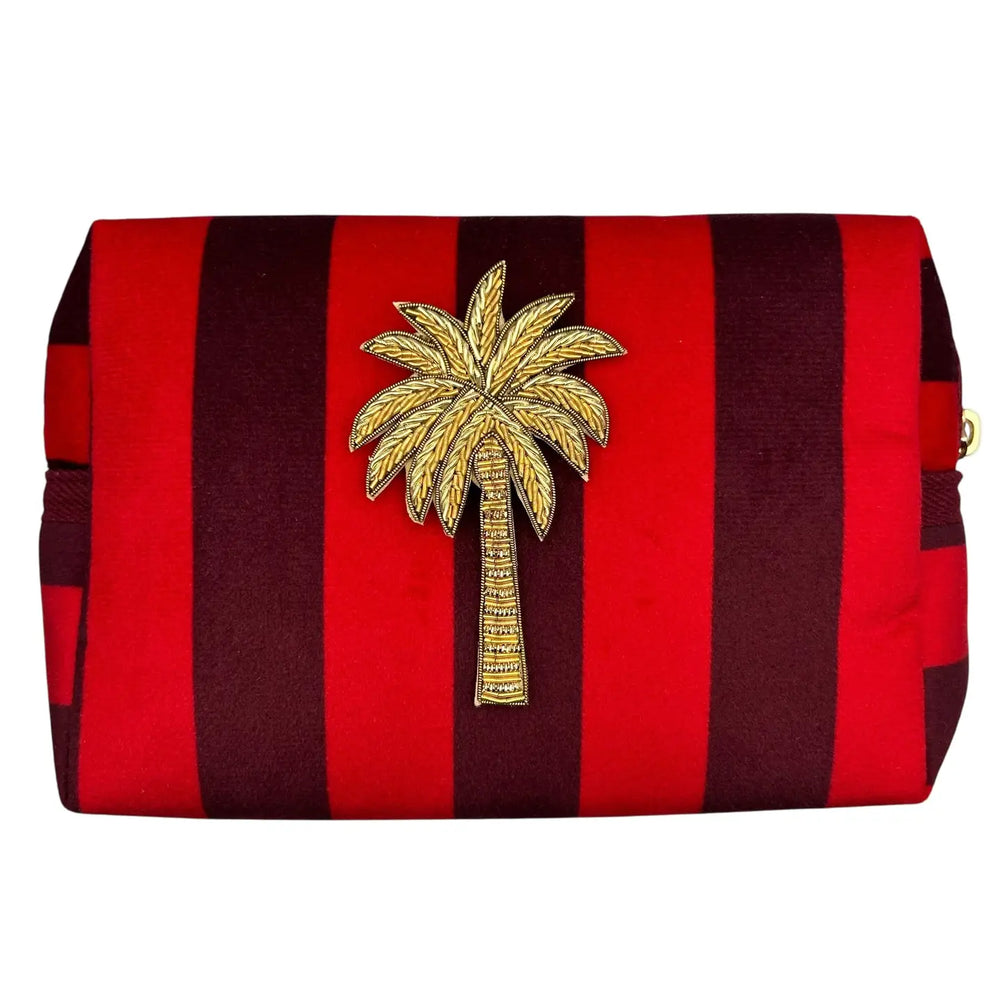 Striped Recycled Velvet Red and Burgundy Make-up Bag With Beaded Palm Tree Brooch
