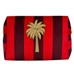 Striped Recycled Velvet Red and Burgundy Make-up Bag With Beaded Palm Tree Brooch