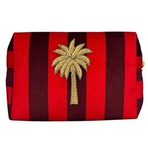 Striped Recycled Velvet Red and Burgundy Make-up Bag With Beaded Palm Tree Brooch