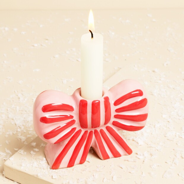 Pink and Red Stripe Bow Ceramic Candle Holder