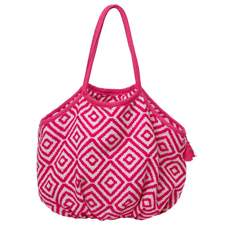 Large Woven Cotton Beach Bag with Tassel & Tie - Pink