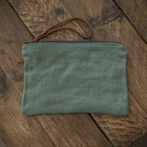 Jute Pouch Bag With Leather Handle - Green