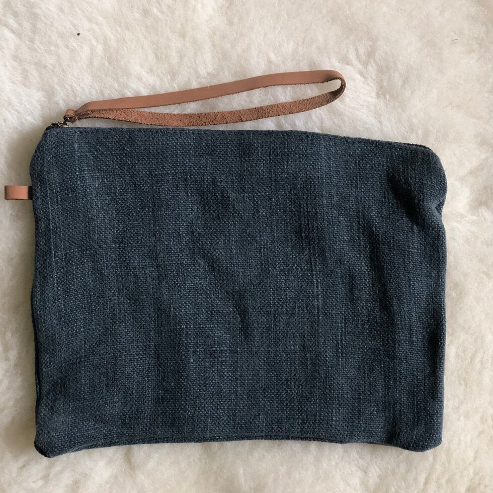 Jute Pouch Bag With Leather Handle - Dark Grey