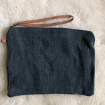 Jute Pouch Bag With Leather Handle - Dark Grey