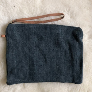 Jute Pouch Bag With Leather Handle - Dark Grey
