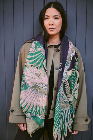 Crane Wool Scarf - Emerald