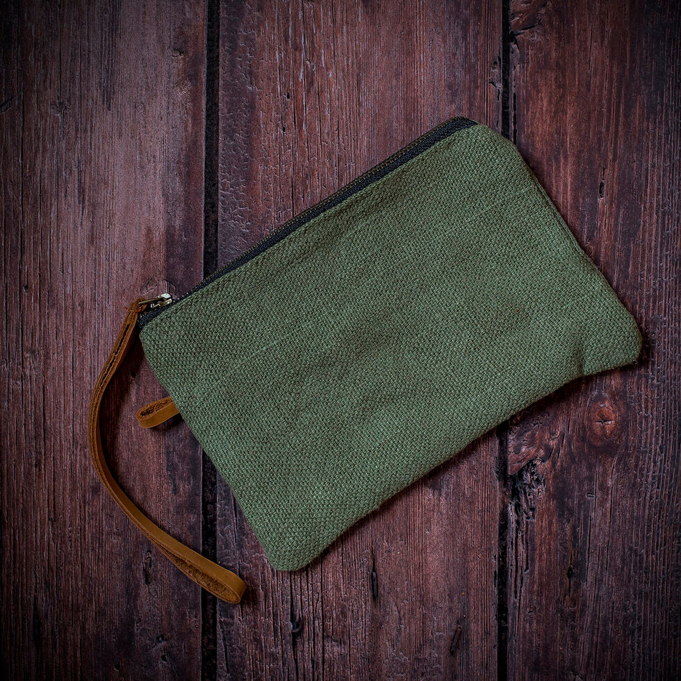 Jute Pouch Bag With Leather Handle - Green