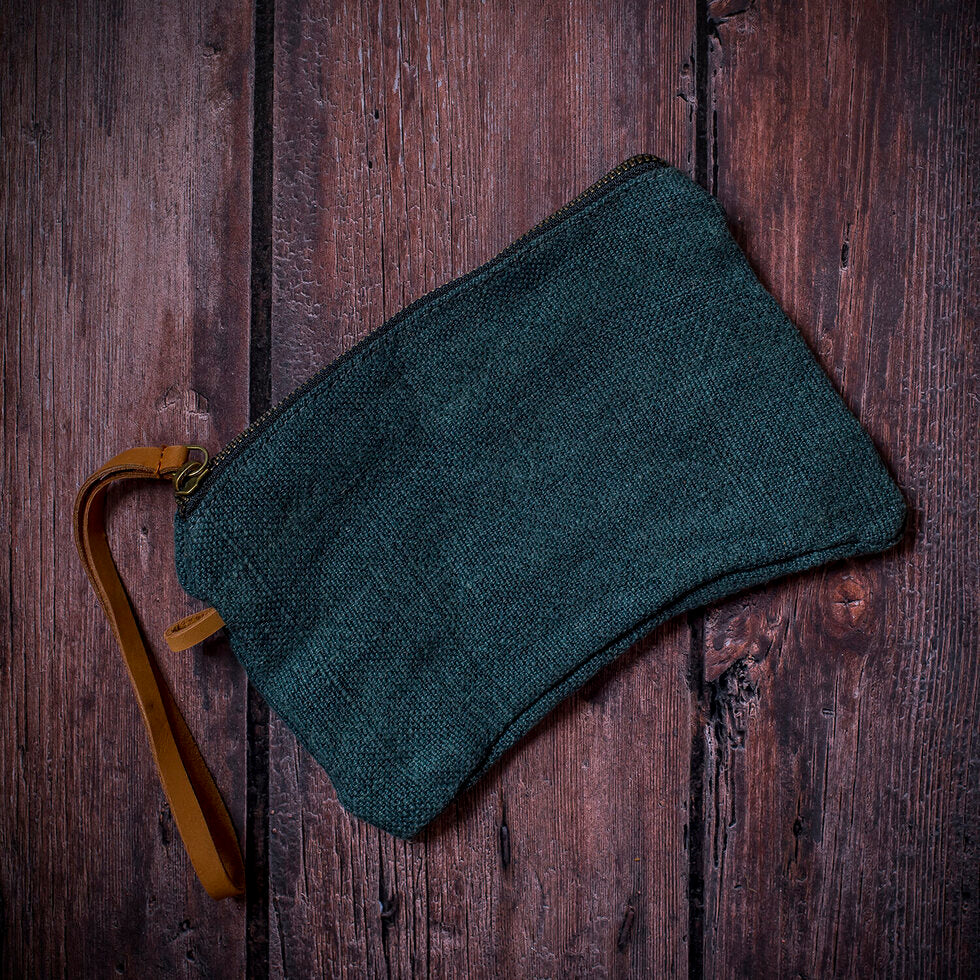 Jute Pouch Bag With Leather Handle - Dark Grey