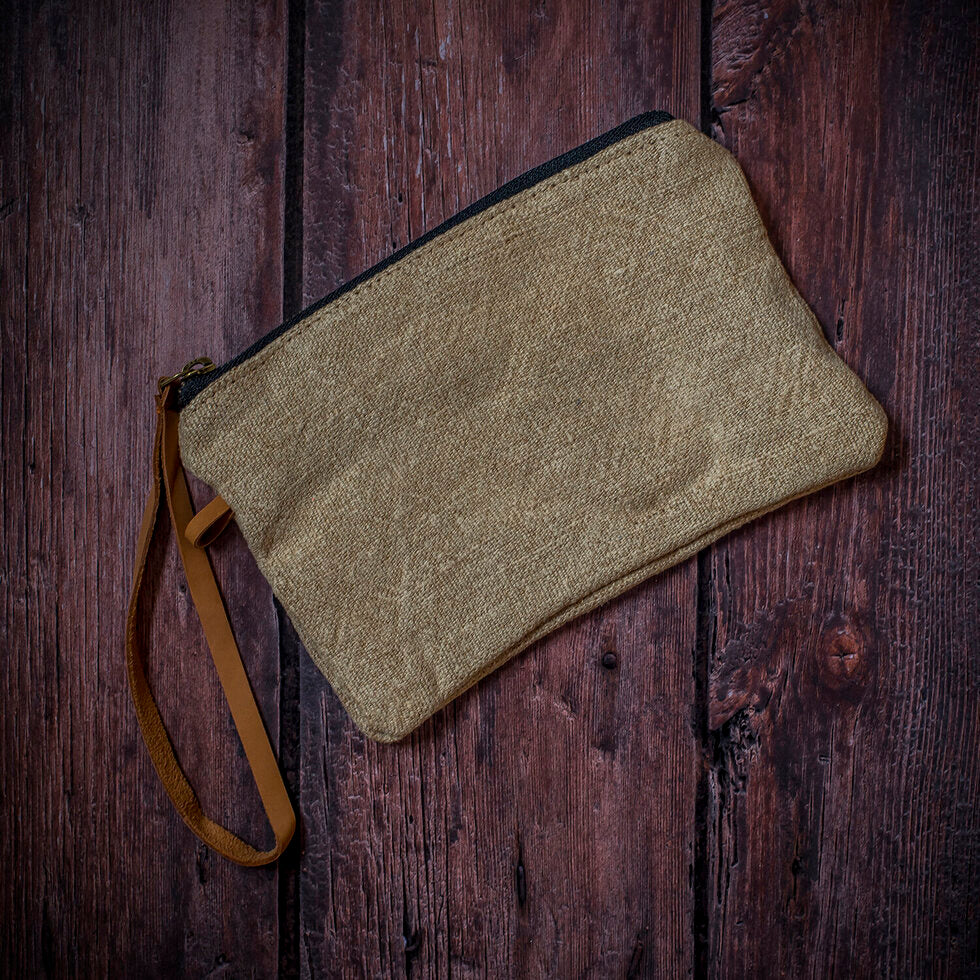 Jute Pouch Bag With Leather Handle - Natural
