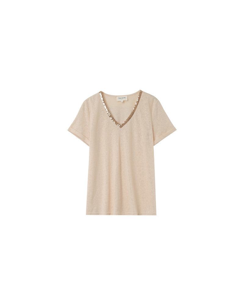 Odelie V Neck T Shirt Top - Beige