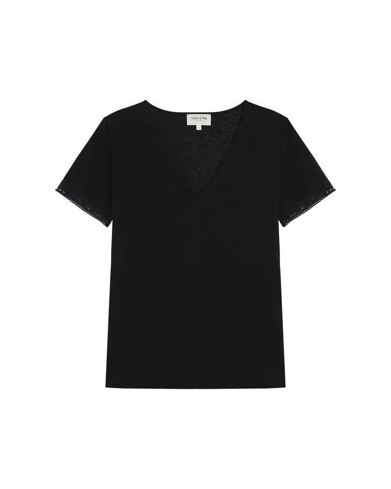 Rome V Neck T-Shirt With Lace Trim - Black