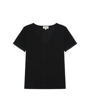 Rome V Neck T-Shirt With Lace Trim - Black