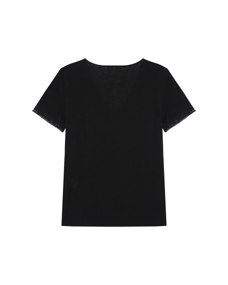 Rome V Neck T-Shirt With Lace Trim - Black