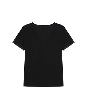 Rome V Neck T-Shirt With Lace Trim - Black