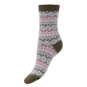 Green, Cream and Pink Shetland Wool Blend Socks