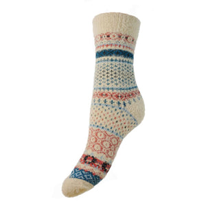 Cream Blue and Salmon Patterned Wool Blend Socks