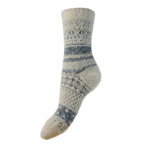 Cream and Blue Patterned Wool Blend Socks