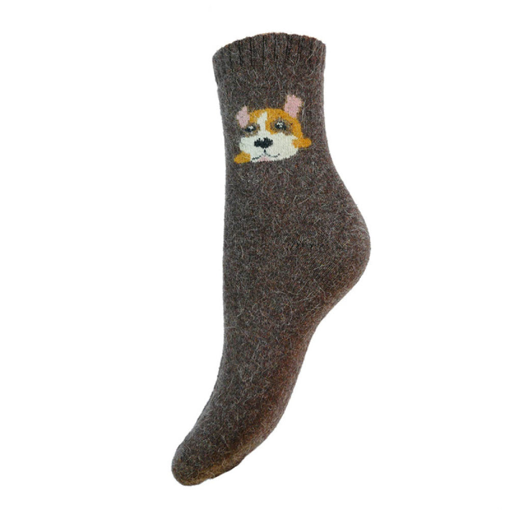 Brown Wool Blend Socks with Cute Dog