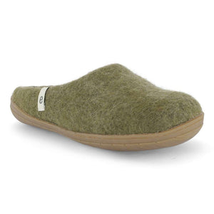 Hand-Made Moss Green Felted Wool Slippers With Rubber Soles