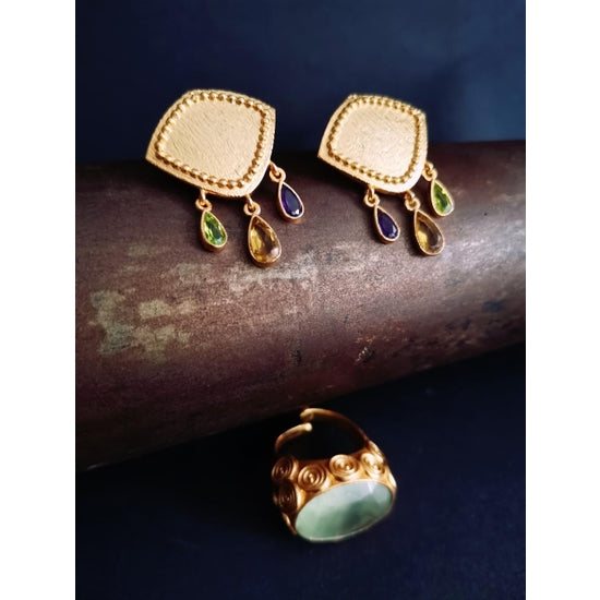 Peridot, Citrine and Amethyst Drop Earrings - Cast Bronze Gold Plated