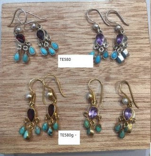 Pearl, Garnet and Turquoise Drop Earrings Sterling Silver