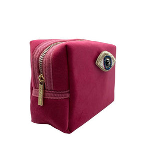 Bright Pink Make-up Bag With a Golden Eye Pin - Recycled Velvet