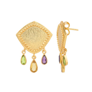 Peridot, Citrine and Amethyst Drop Earrings - Cast Bronze Gold Plated
