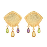 Peridot, Citrine and Amethyst Drop Earrings - Cast Bronze Gold Plated