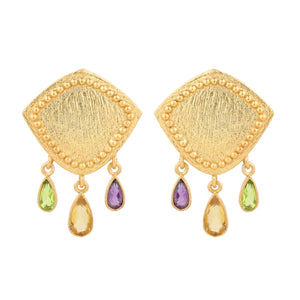 Peridot, Citrine and Amethyst Drop Earrings - Cast Bronze Gold Plated